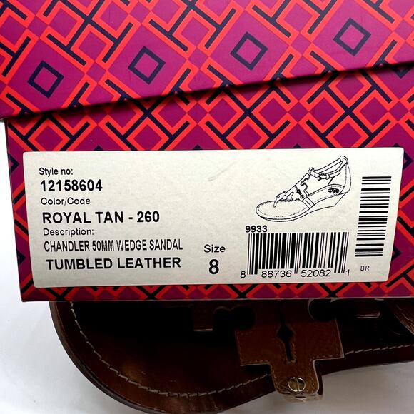 Tory Burch Logo Chandler Wedge Sandals Brown Tan Size 8 - Picture 9 of 9
